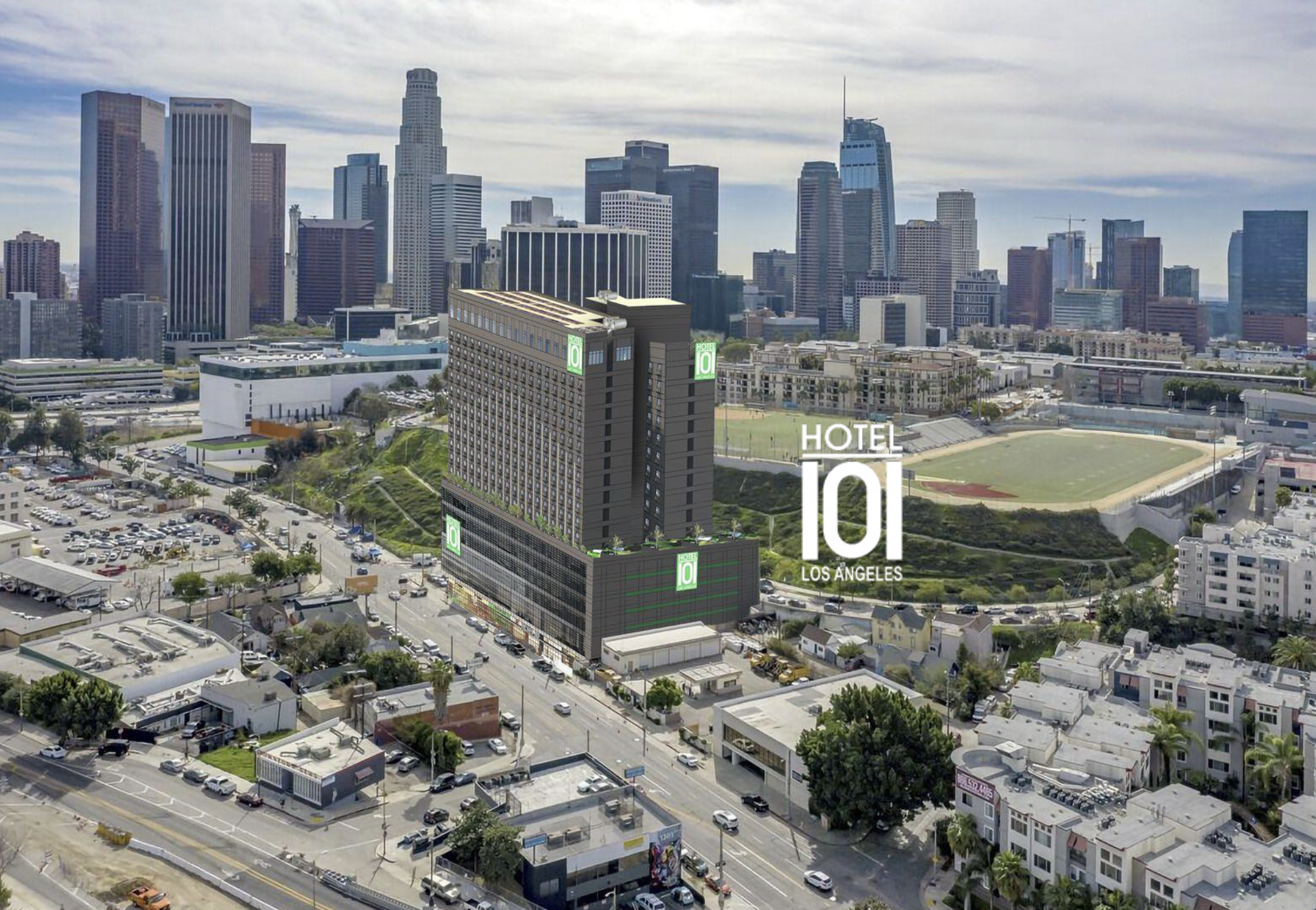 Hotel 101 Los Angeles building with a sunset background