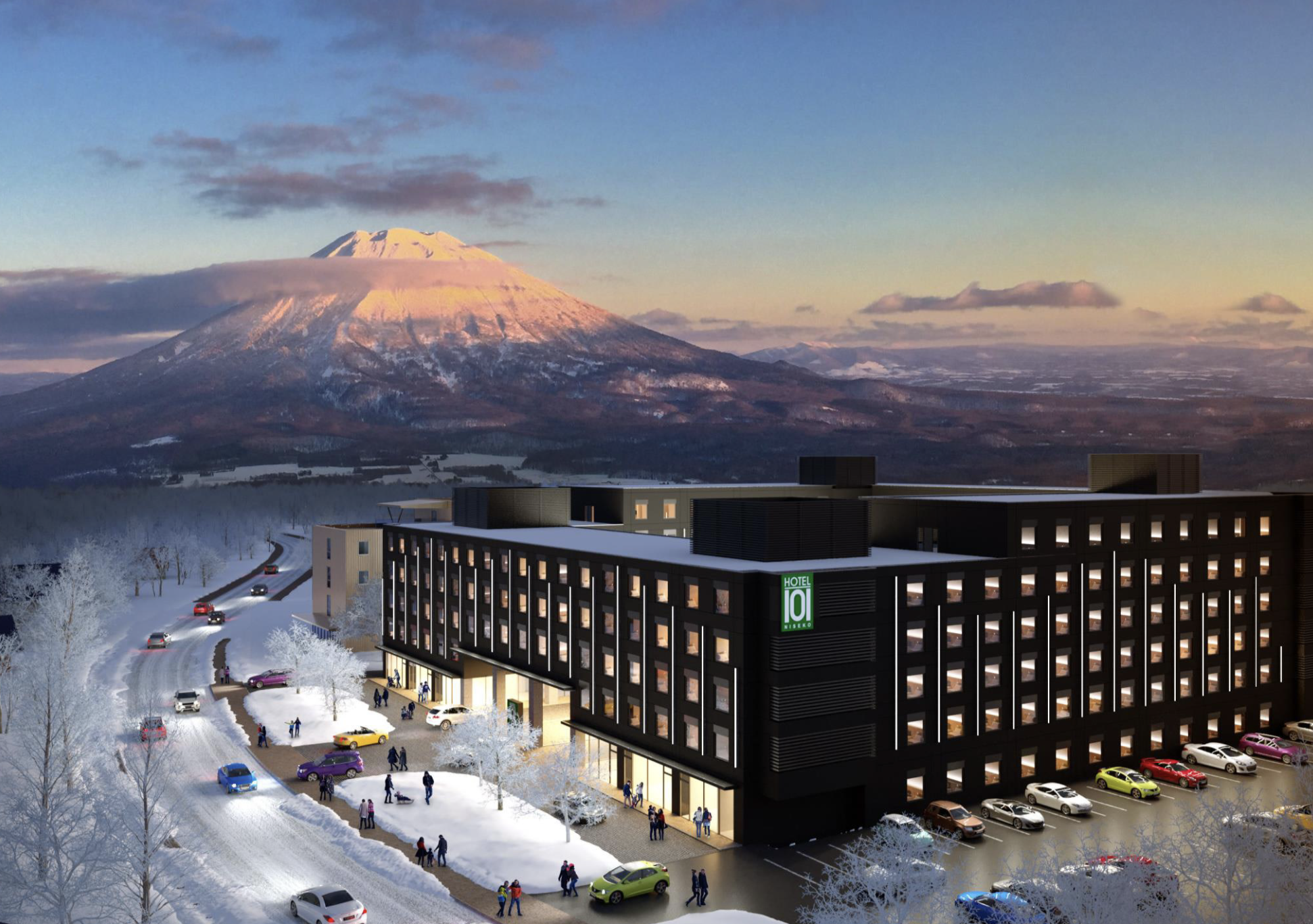 A modern hotel in a snowy landscape